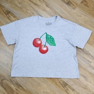 🔹️NWT Goodie Two Sleeves Gray w/Red Cherries Cropped Short Sleeve Top Medium